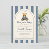 Blue Jean Teddy Bear Photo QR Code Baby Shower Einladung (Stehend Vorderseite)