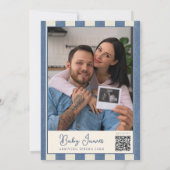 Blue Jean Teddy Bear Photo QR Code Boy Baby Shower Einladung (Rückseite)