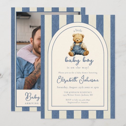 Blue Jean Teddy Bear Photo QR Code Boy Baby Shower Einladung (Vorne/Hinten)
