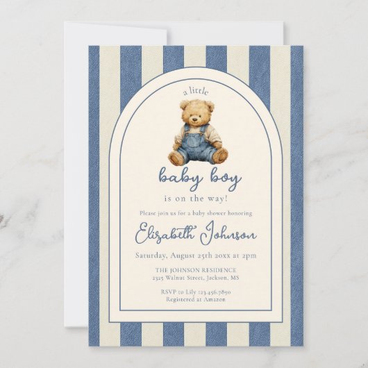 Blue Jean Teddy Bear QR Code Boy Baby Shower Einladung (Vorderseite)