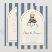 Blue Jean Teddy Bear QR Code Boy Baby Shower Einladung (Vorne/Hinten)