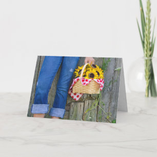 blue jeans and sunflower basket birthday karte
