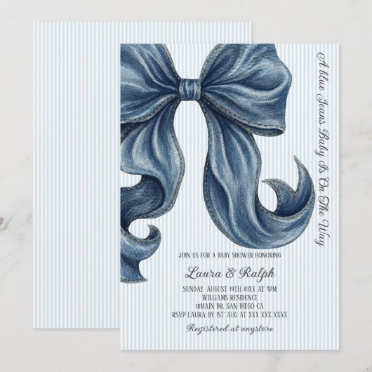 Blue Jeans Bow Baby Shower Einladung (Vorne/Hinten)