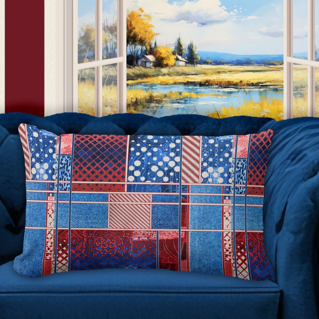 Blue Jeans Patchwork Quilt Pattern Pillow Lendenkissen (Pillow featuring a modern abstract quilt patchwork pattern design in red white and blue with jeans)