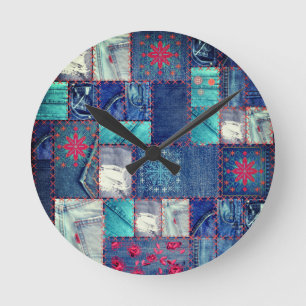 Blue Jeans Patchwork With Floral Detail Runde Wanduhr