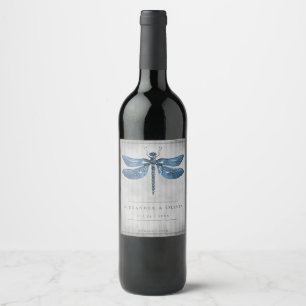 Blue Jeweled Dragonfly Wedding Weinetikett