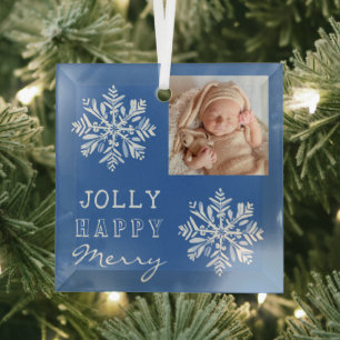 Blue Jolly Merry Snowflake Foto Weihnachtsfeiertag Ornament Aus Glas