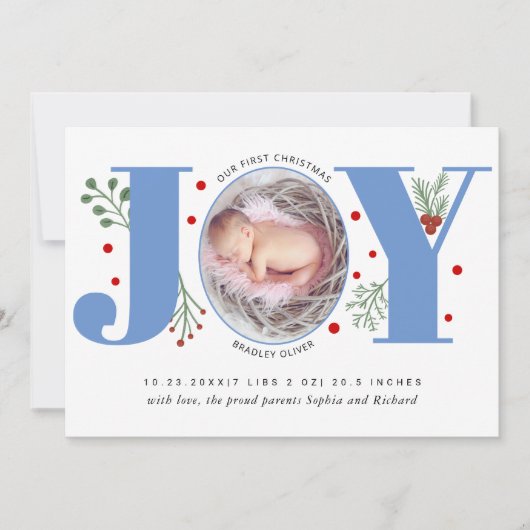 Blue Joy Erste Weihnachtsfeier Foto Geburt Ankündigung (Vorderseite)