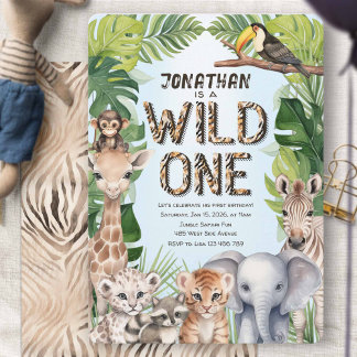 Blue Jungle Safari Baby Animals Junge 1. Geburtsta Einladung