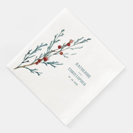 Blue Juniper & Red Berries Sprig Serviette (Ecke)