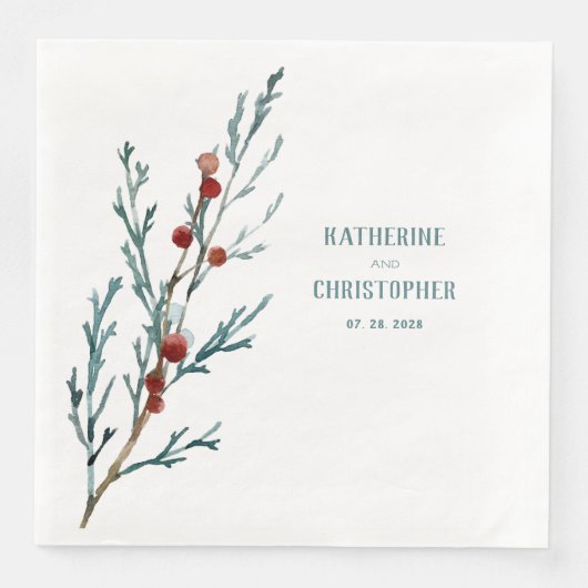 Blue Juniper & Red Berries Sprig Serviette (Vorderseite)