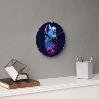 Blue Käfer Retrowave City Lights Runde Wanduhr