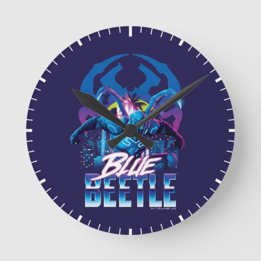 Blue Käfer Retrowave City Sunset Runde Wanduhr (Vorderseite)