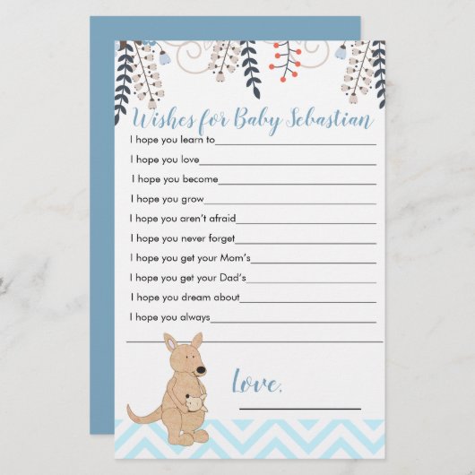 Blue Kangaroo Boho Boy Baby Dusche wünscht sich fü (Vorne/Hinten)