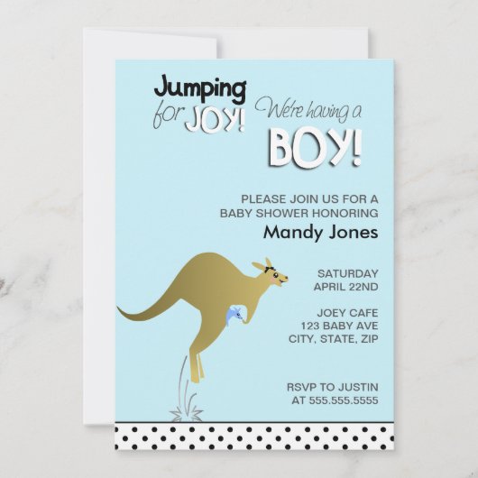 Blue Kangaroo Jumping for Joy Boy Baby Dusche Einladung (Vorderseite)