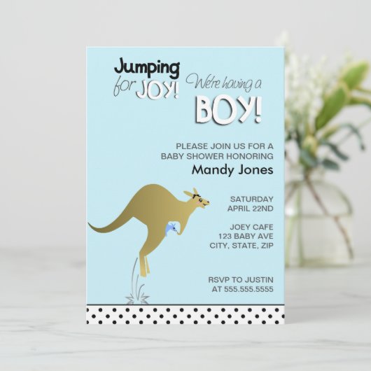 Blue Kangaroo Jumping for Joy Boy Baby Dusche Einladung (Stehend Vorderseite)