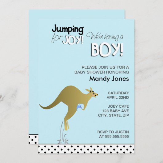 Blue Kangaroo Jumping for Joy Boy Baby Dusche Einladung (Vorne/Hinten)
