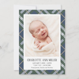 Blue Kariert Baby Birth Announcement Foto Card Ankündigung
