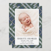 Blue Kariert Baby Birth Announcement Foto Card Ankündigung (Vorne/Hinten)