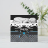 Blue Kariert Baby Boy Foto Geburtserklärung Ankündigung (Stehend Vorderseite)