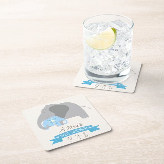 Blue Kariert Baby Elephant Baby Dusche Rechteckiger Pappuntersetzer (Vor Ort)