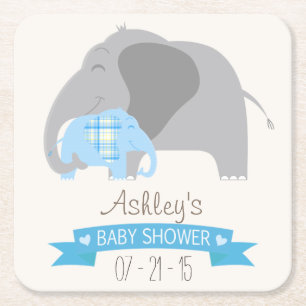 Blue Kariert Baby Elephant Baby Dusche Rechteckiger Pappuntersetzer
