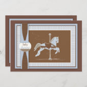 Blue Kariert Carousel Horse Baby Dusche Einladung (Vorne/Hinten)