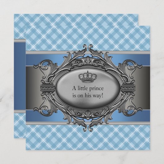 Blue Kariert Crown Litce Prince Boy Baby Dusche Einladung (Vorne/Hinten)