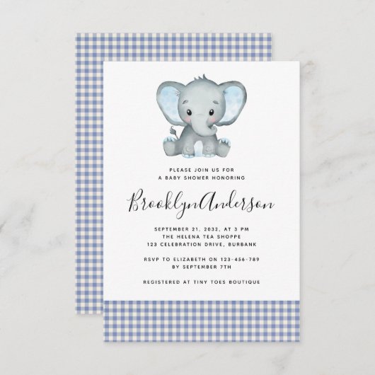 Blue Kariert Elephant Baby Dusche Einladung (Vorne/Hinten)