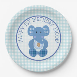 Blue Kariert Elephant Happy 1. Geburtstagsplatte Pappteller