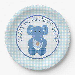 Blue Kariert Elephant Happy 1. Geburtstagsplatte Pappteller