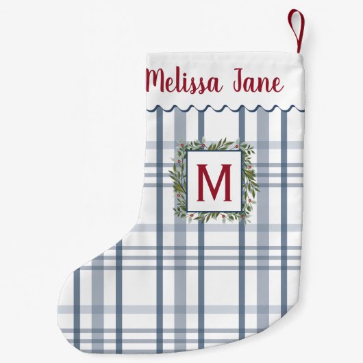 Blue Kariert Evergreen Wreath Monogram Kleiner Weihnachtsstrumpf (Rückseite)