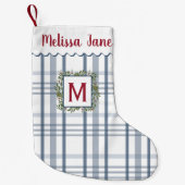 Blue Kariert Evergreen Wreath Monogram Kleiner Weihnachtsstrumpf (Vorderseite)