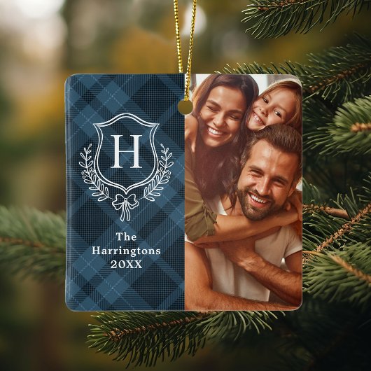 Blue Kariert Familienwappen Foto Weihnachten Keramikornament