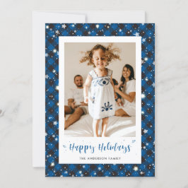 Blue Kariert Foto Happy Holidays Card Feiertagskarte