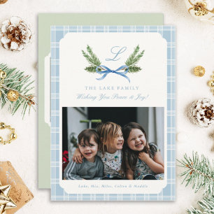 Blue Kariert Foto Weihnachtskarten Monogram Wreath Feiertagskarte