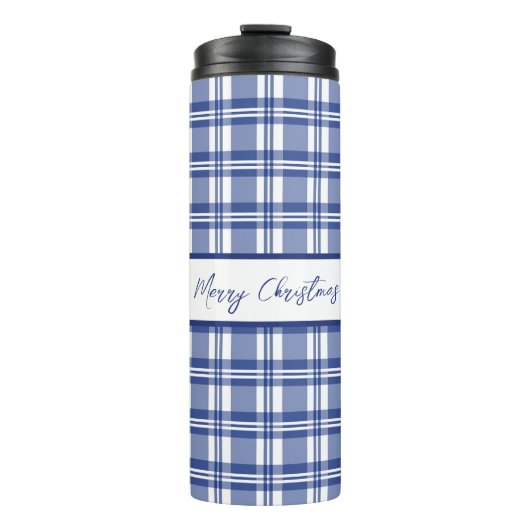 Blue Kariert Frohe Weihnachten Thermosbecher (Vorderseite)