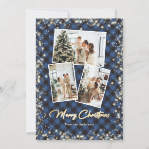 Blue Kariert Gold Snow Glitzer Foto Weihnachtskart Feiertagskarte