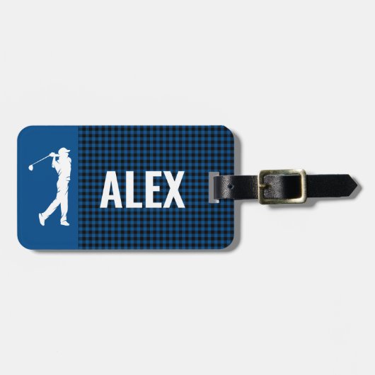 Blue Kariert Karo Monogram Golfer Gepäckanhänger (Vorderseite horizontal)