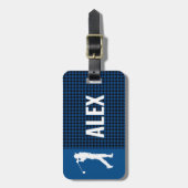 Blue Kariert Karo Monogram Golfer Gepäckanhänger (Vorderseite vertikal)