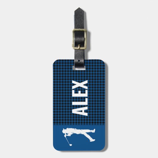 Blue Kariert Karo Monogram Golfer Gepäckanhänger (Vorderseite vertikal)