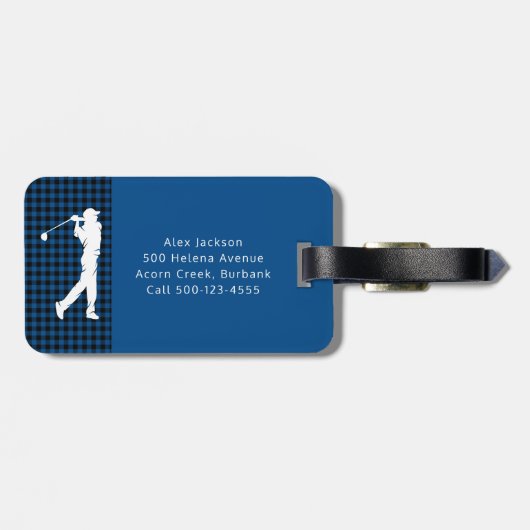 Blue Kariert Karo Monogram Golfer Gepäckanhänger (Rückseite horizontal)