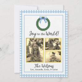 Blue Kariert Kranz mit Bow Foto Weihnachtskarte Ankündigung