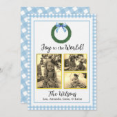 Blue Kariert Kranz mit Bow Foto Weihnachtskarte Ankündigung (Vorne/Hinten)