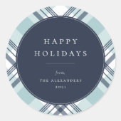 Blue Kariert Pattern Urlaub Runder Aufkleber (Vorderseite)