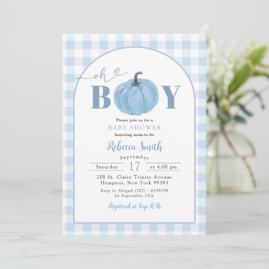 Blue Kariert Preppy Pumpkin Oh Boy Baby Dusche Einladung (Stehend Vorderseite)