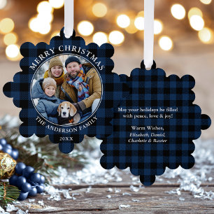 Blue Kariert Rustic Frohe Weihnachten Foto Ornament Karte