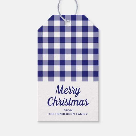 Blue Kariert Script Frohe Weihnachten Geschenkanhänger (Vorderseite)