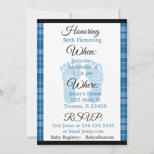 Blue Kariert seine Kinderdusche Einladung (Rückseite)