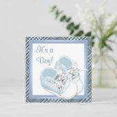 Blue Kariert Shoes Black Blue Kariert Baby Boy Dus Einladung (Stehend Vorderseite)